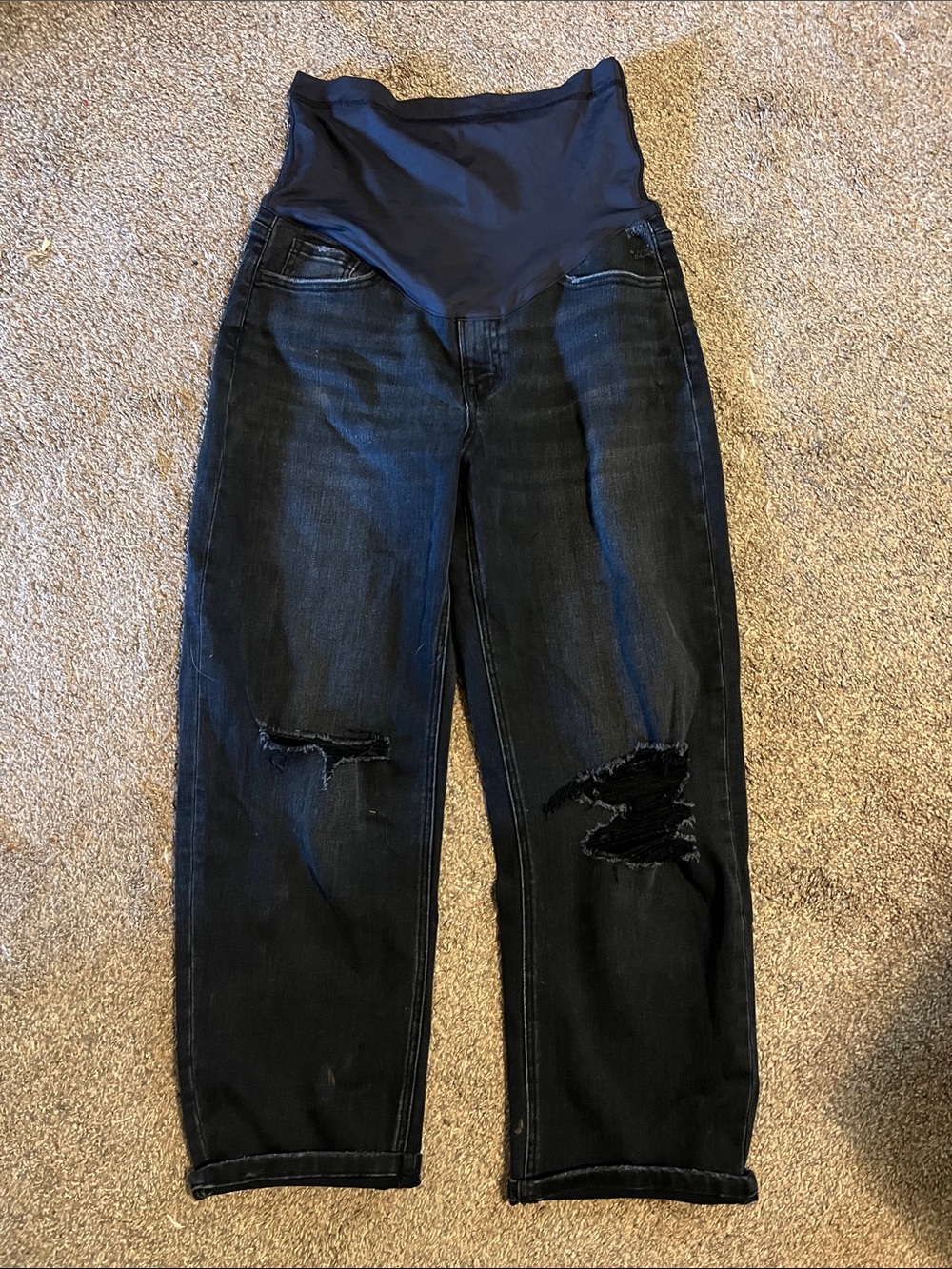 Black Distressed Open Knee Cropped Maternity Barrel Jeans by PinkBlush